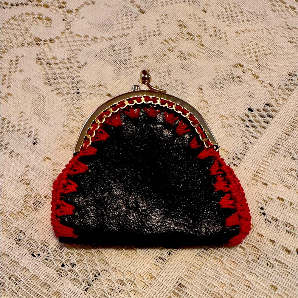 Vintage Black Leather Coin Purse with Red Crochet Trim